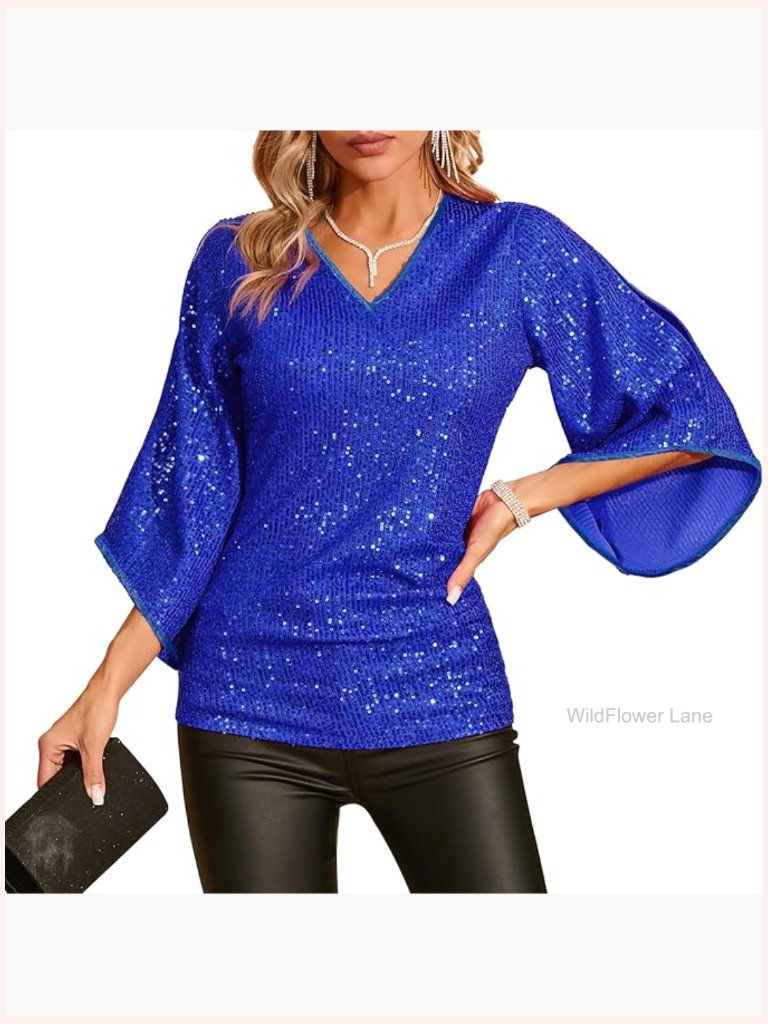 Sequin Top 3/4 Sleeve Sparkly V-Neck Blouse For Party Night